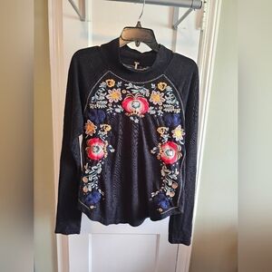 Free People Black Floral Embroidered Long Sleeve Top